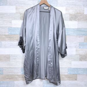 Victorias Secret Vintage Silk Robe Gray Lace Trim Gold Label Womens Medium
